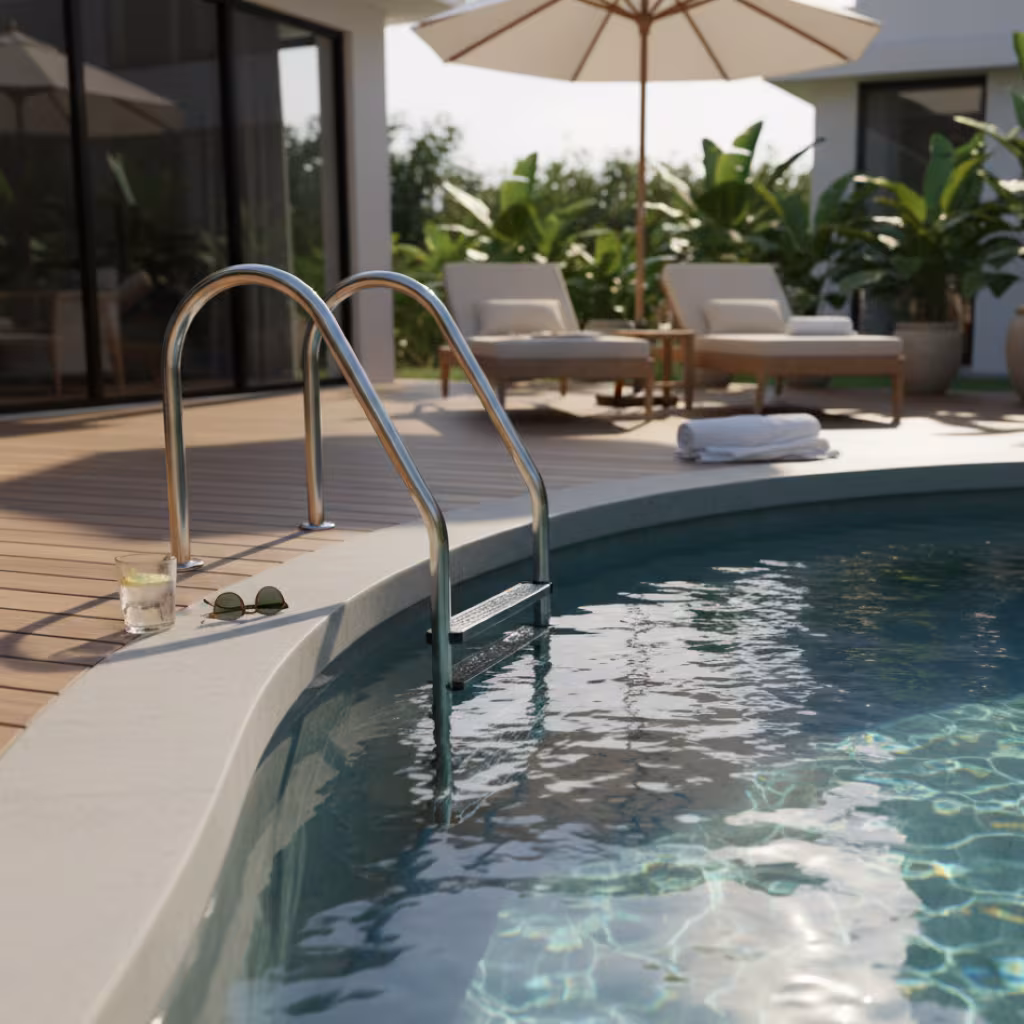 Close-up of a small pool with wooden surround and metal ladder