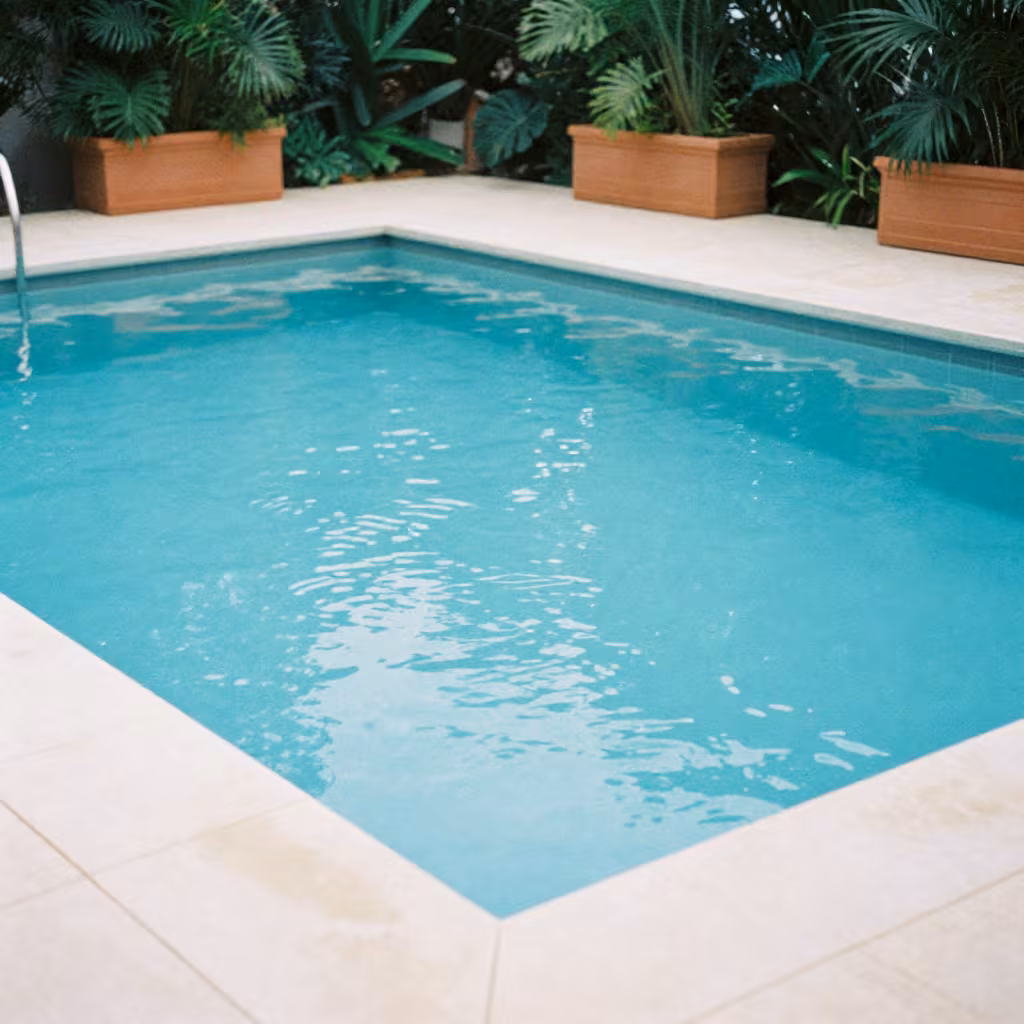 Modern rectangular pool with light stone surround and plants