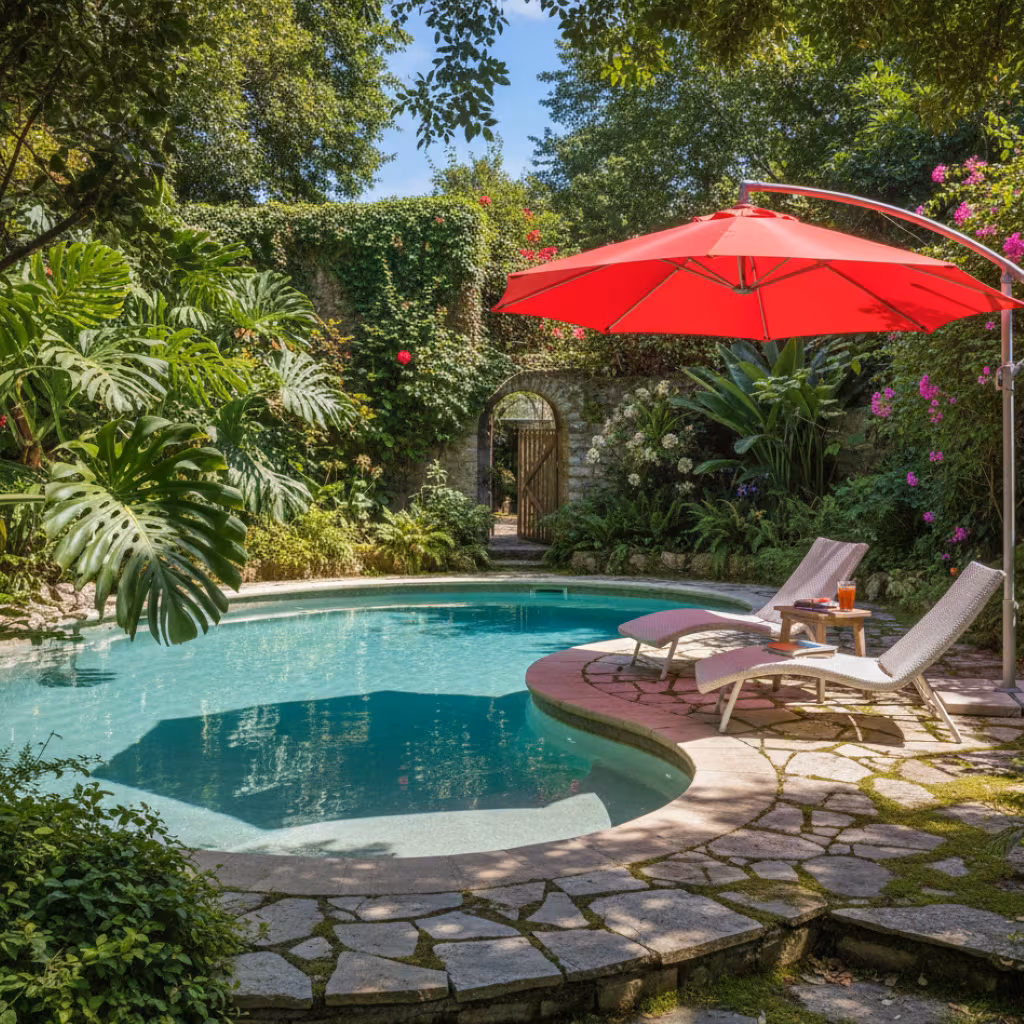 Small kidney-shaped pool in a lush garden with red umbrella